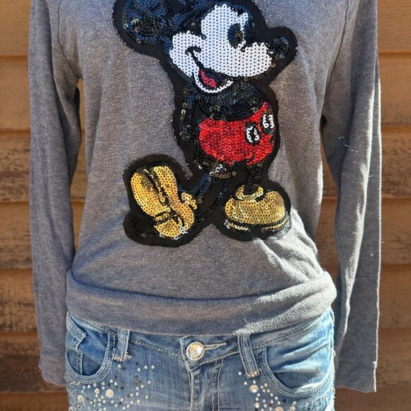 Disney Mickey Mouse Sequin Long Sleeve Gray Top Womens Size S - Picture 6 of 9